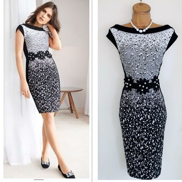 Joseph Ribkoff Black and White Sheath Cocktail Dress Knee Length Cap Sleeve - Picture 1 of 12